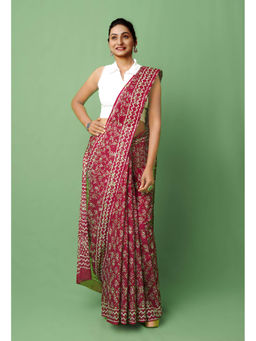 Unnati Silks - Maroon Hand Block Pinted Superfine Mulmul Cotton Saree with Unstitched Blouse