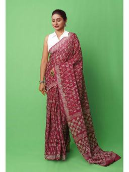 Unnati Silks - Maroon Hand Block Pinted Superfine Mulmul Cotton Saree with Unstitched Blouse