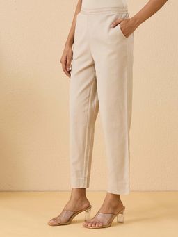 Fabindia - Women Beige Cotton Linen Casual Tapered Pant