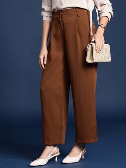 FITHUB - Women Brown High-Rise Wide Leg Formal Pants