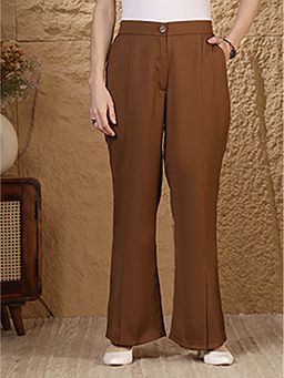 FITHUB - Women Brown High-Rise Straight Fit Formal Pants