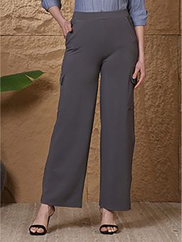 FITHUB - Women Grey Solid High-Rise Cargo Style Pants