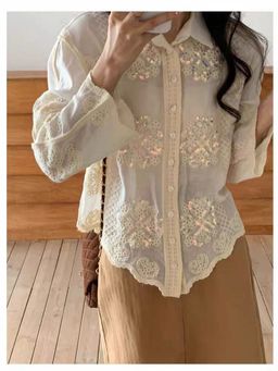 Loveable Creations By Muskan - Aza Beige Luxe Crochet Shirt