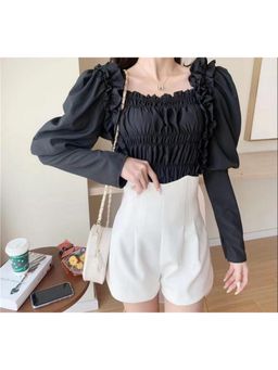 Loveable Creations By Muskan - Ruffle Black Puff Sleeves Crop Top