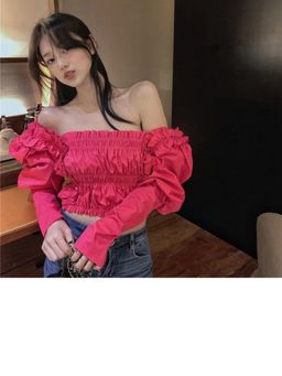 Loveable Creations By Muskan - Ruffle Pink Puff Sleeves Crop Top