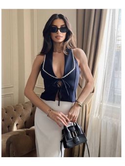 Loveable Creations By Muskan - Shynae Navy Blue Solid Halter Neck Top