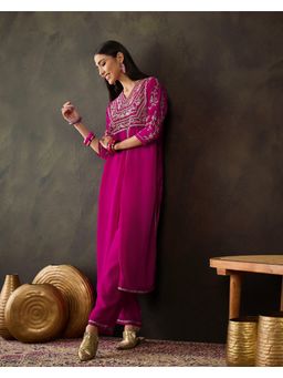 KVS FAB - Pink Georgette Zari Embroidered Front Slit Kurta with Pant (Set of 2)