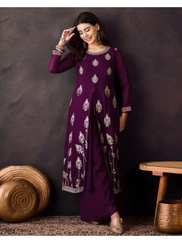 KVS FAB - Wine Georgette Zari Chain Stitch Embroidered Kurta with Palazzo (Set of 2)