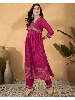 KVS FAB - Pink Thread Sequence Embroidery Alia Cut Kurta with Pant (Set of 2)
