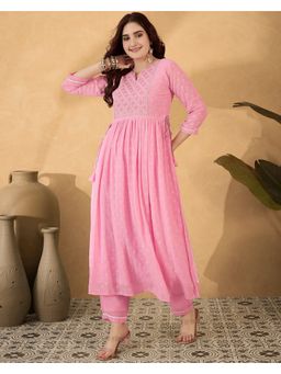 KVS FAB - Pink Georgette Thread Embroidered Kurta with Pant (Set of 2)