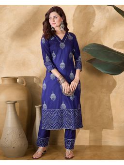 KVS FAB - Blue Chanderi Printed Kurta with Pant (Set of 2)