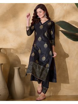 KVS FAB - Black Chanderi Printed Kurta with Pant (Set of 2)