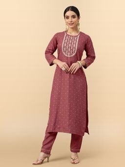 KVS FAB - Peach Chinon Sequence Chain Embroidered Kurta Pant (Set of 2)