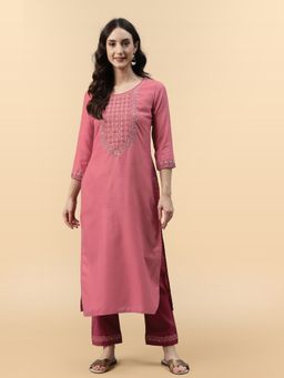 KVS FAB - Rust Cotton Mirror Work Zari Embroidered Kurta with Pant (Set of 2)