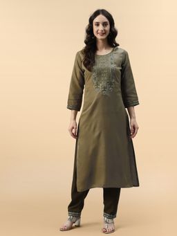 KVS FAB - Olive Green Ruby Cotton Mirror Work Zari Embroidered Kurta with Pant (Set of 2)