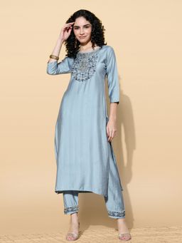 KVS FAB - Grey Viscose Zari Sequence Embroidered Straight Kurta Pant (Set of 2)