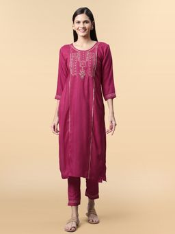 KVS FAB - Pink Chinon Zari Sequence Embroidered Straight Kurta with Pant (Set of 2)