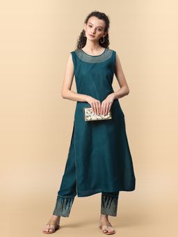 KVS FAB - Teal Ruby Cotton Sequence Solid Work Straight Kurta with Pant (Set of 2)