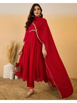 KVS FAB - Red Sequence Embellished/Sequined Anarkali Kurta with Pant and Dupatta (Set of 3)