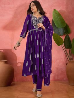 KVS FAB - Purple Georgette Zari Sequence Embroidered Naira Cut Kurta, Pant & Dupatta (Set of 3)