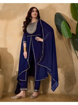 KVS FAB - Blue Zari Sequence Cording Embroidered Front Slit Kurta with Pant and Dupatta (Set of 3)