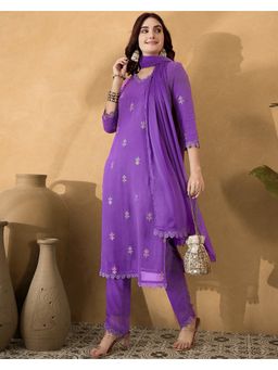 KVS FAB - Lavender Sequence Embroidery with Schiffli Lace Kurta with Pant and Dupatta (Set of 3)