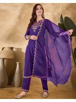 KVS FAB - Purple Dchinon Thread Zari Sequence Embroidered Kurta with Pant and Dupatta (Set of 3)