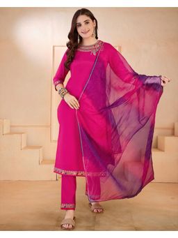 KVS FAB - Raani Cotton Blend Thread Zari Sequence Embroidered Kurta, Pant & Dupatta (Set of 3)