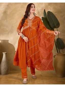 KVS FAB - Orange Thread Zari Sequence Embroidered Alia Cut Kurta with Pant and Dupatta (Set of 3)
