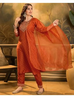 KVS FAB - Orange Zari Sequence Embroidery with Foil Printed Kurta with Pant and Dupatta (Set of 3)