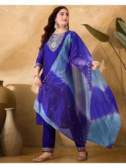 KVS FAB - Blue Vichitra Zari Sequence Cording Embroidery Kurta with Pant and Dupatta (Set of 3)