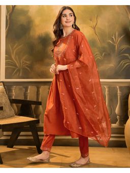 KVS FAB - Orange Dchinon Zari Sequence Embroidered Kurta with Pant and Dupatta (Set of 3)