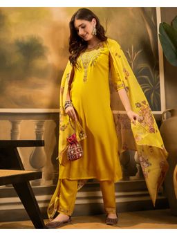 KVS FAB - Yellow Star Thread Zari Sequence Embroidered Kurta, Pant & Dupatta (Set of 3)
