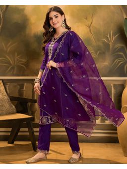 KVS FAB - Purple Thread Zari Sequence Cutwork Embroidered Kurta, Pant & Dupatta (Set of 3)