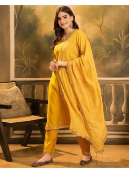 KVS FAB - Yellow Roman Silk Zari Sequence Cording Embroidered Kurta, Pant & Dupatta (Set of 3)