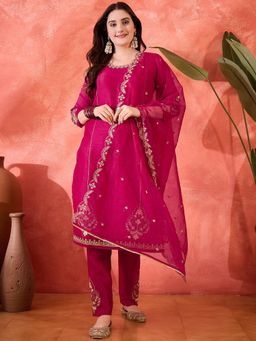 KVS FAB - Rani Pink Vichitra Thread Zari Sequence Embroidered Kurta, Pant & Dupatta (Set of 3)