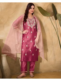 KVS FAB - Pink Thread Cording Embroidery with Schiffli Lace Kurta with Pant and Dupatta (Set of 3)