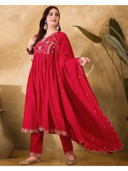 KVS FAB - Red Vichitra Zari Sequence Cut Work Embroidered Kurta with Pant and Dupatta (Set of 3)