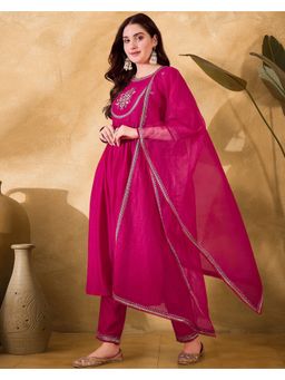 KVS FAB - Rani Pink Vichitra Zari Sequence Embroidered Kurta with Pant and Dupatta (Set of 3)