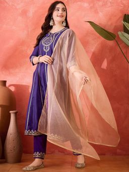 KVS FAB - Purple Dchinon Silk Blend Zari Cording Embroidered Kurta, Pant & Dupatta (Set of 3)