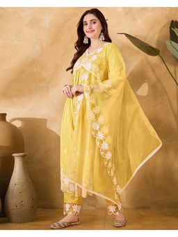 KVS FAB - Yellow Chinon Chain Embroidered Kurta with Pant and Organza Dupatta (Set of 3)