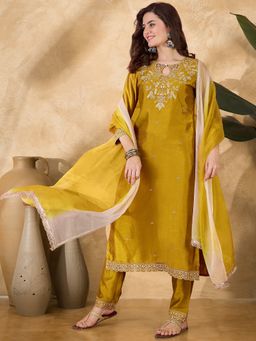 KVS FAB - Mustard Zari Thread Embroidered Kurta, Pant & Mustard & Off White Dupatta (Set of 3)