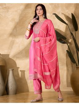 KVS FAB - Light Pink Zari Sequence Cording Embroidered Kurta with Pant and Dupatta (Set of 3)