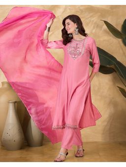 KVS FAB - Light Pink Zari Sequence Thread, Mirror Embroidered Kurta, Pant & Dupatta (Set of 3)