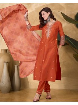 KVS FAB - Orange Zari Sequence Thread Embordered Kurta, Pant & Kotadoriya Dupatta (Set of 3)