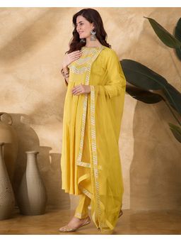 KVS FAB - Yellow Vichitra Zari Sequence Thread Embroidered Kurta with Pant and Dupatta (Set of 3)