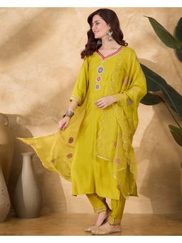 KVS FAB - Yellow Zari Sequence Thread Cording Embroidered Kurta with Pant and Dupatta (Set of 3)