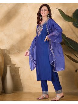 KVS FAB - Royal Blue Legend Zari Sequence Thread Embroidered Kurta, Pant & Dupatta (Set of 3)