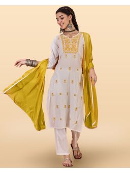 KVS FAB - White Camric Thread Embroidered Kurta with Pant and Dupatta (Set of 3)