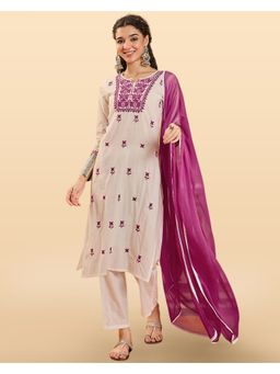 KVS FAB - White Camric Thread Embroidered Kurta with Pant and Dupatta (Set of 3)